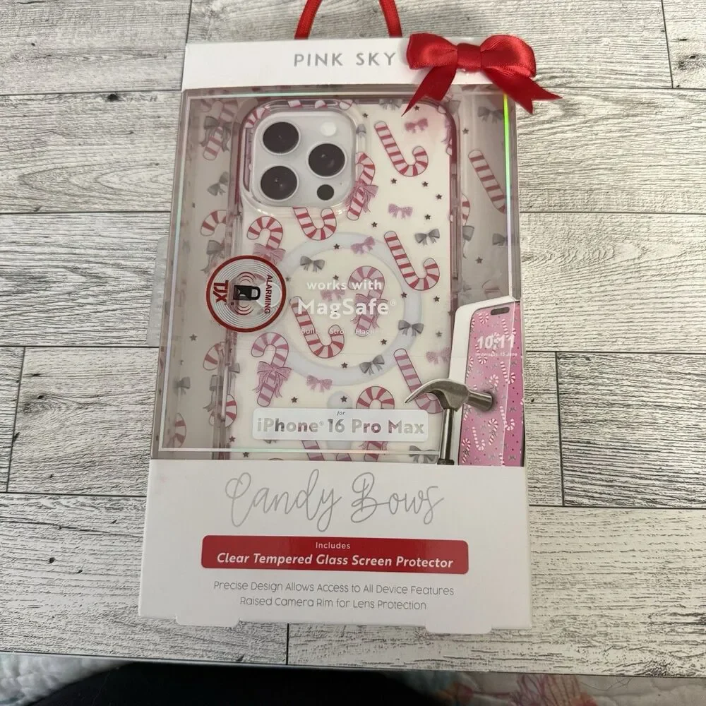 Pink Sky Iphone 16 Pro Max Christmas Candy Cane Sparkle Bow Theme Phone Case New